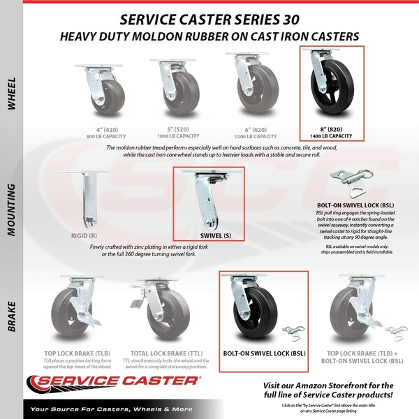 8 Inch Rubber On Steel Caster Set With Ball Bearings 4 Swivel Lock 2 Brake SCC